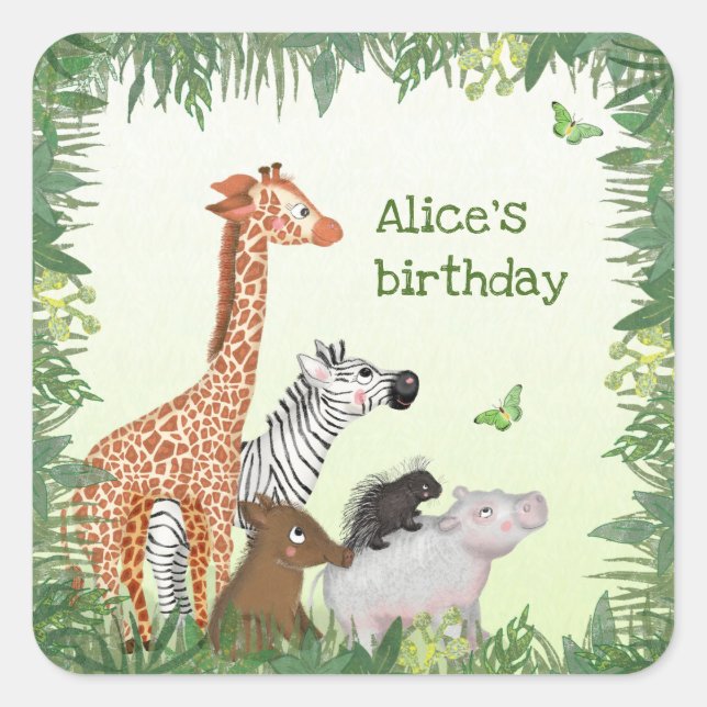 Safari animals birthday party square stickers (Front)