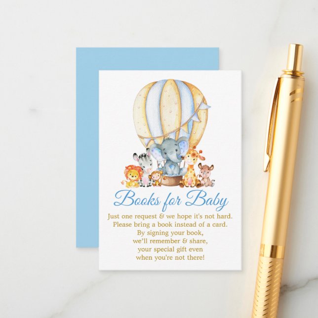 Safari Animals Blue Balloon Books For Baby Shower Enclosure Card (Front/Back In Situ)