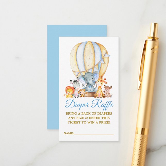 Safari Animals Blue Balloon Diaper Raffle Shower Enclosure Card (Front/Back In Situ)