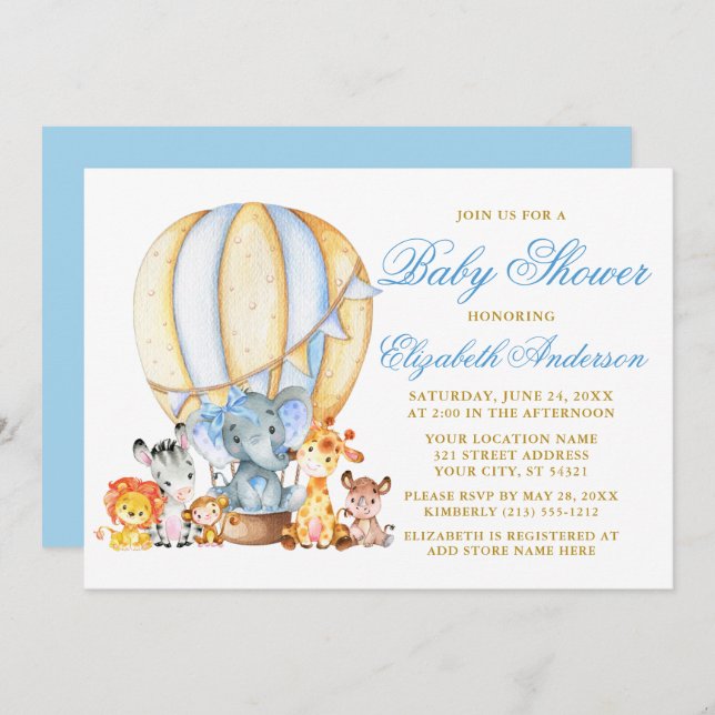 Safari Animals Blue Bow Air Balloon Baby Shower Invitation (Front/Back)