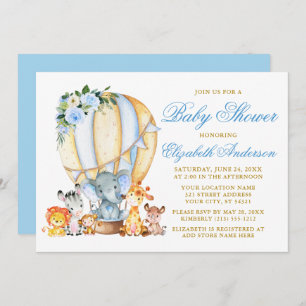 Safari Animals Blue Floral Air Balloon Baby Shower Invitation