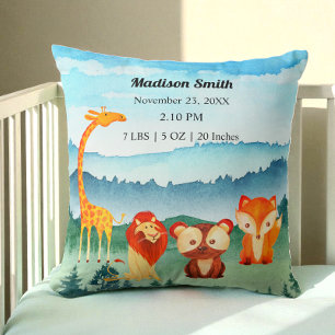 Safari Animals Blue Green Birth Stats Cushion