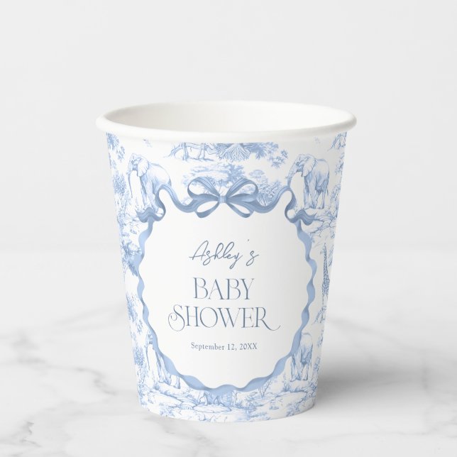 Safari Animals Blue Toile de Jouy Baby shower Paper Cups (Front)