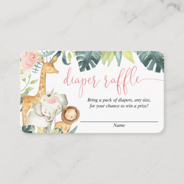 Safari animals blush pink girl diaper raffle cards (Front)