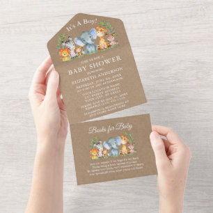 Safari Animals Boy Baby Shower and Books Kraft All In One Invitation