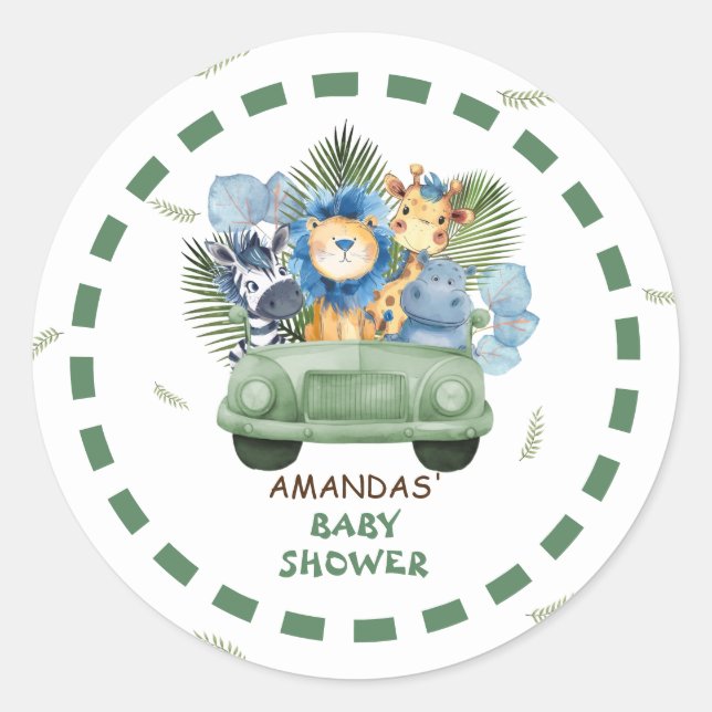 Safari Animals Boy Baby Shower Classic Round Sticker (Front)