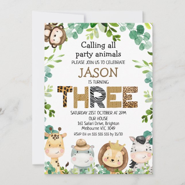 Safari Animals Calling Party Animals 3rd Birthday Invitation (Front)