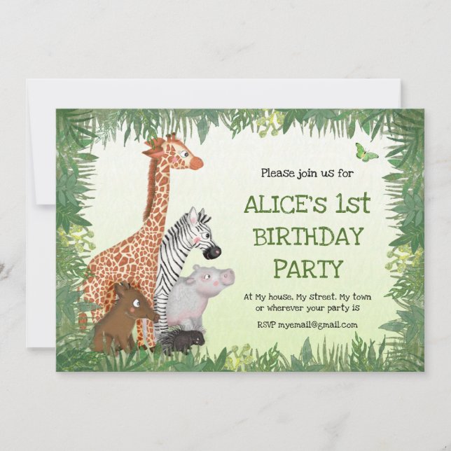 Safari animals children's birthday party invite (Front)