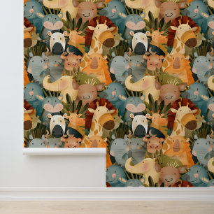 Safari animals cute whimsical colourful wallpaper