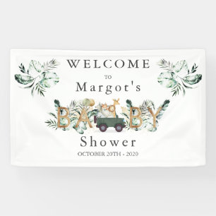 Safari Animals Drive By Baby Shower Greenery Gold Banner