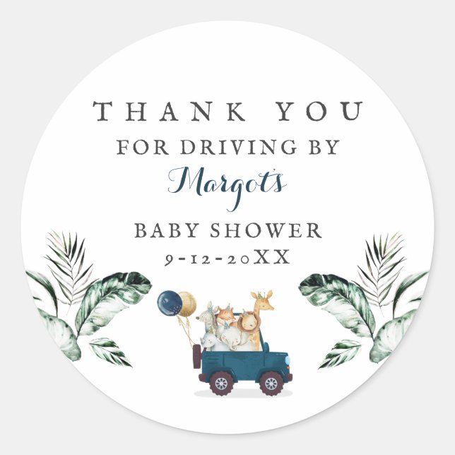 Safari Animals Drive By Baby Shower Greenery Gold Classic Round Sticker (Front)