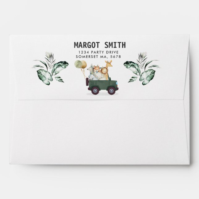 Safari Animals Drive By Baby Shower Greenery Gold Envelope (Back (Top Flap))