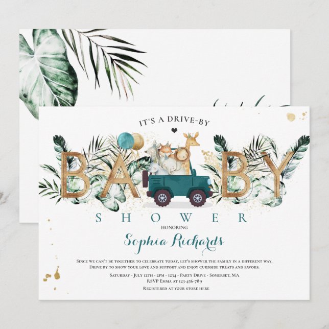 Safari Animals Drive By Baby Shower Greenery Gold Invitation (Front/Back)