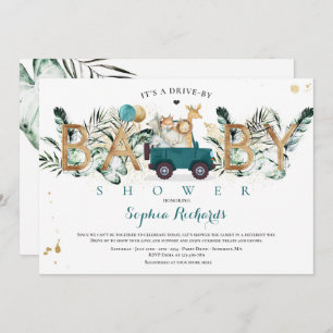 Safari Animals Drive By Baby Shower Greenery Gold Invitation