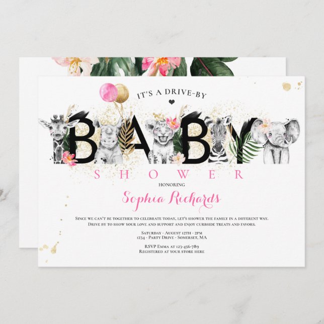 Safari Animals Drive By Baby Shower Greenery Gold Invitation (Front/Back)