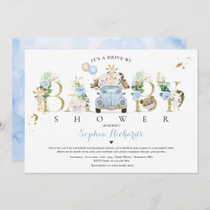 Safari Animals Drive By Baby Shower Greenery Gold Invitation