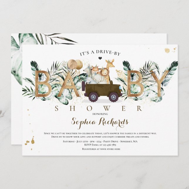 Safari Animals Drive By Baby Shower Greenery Gold Invitation (Front/Back)