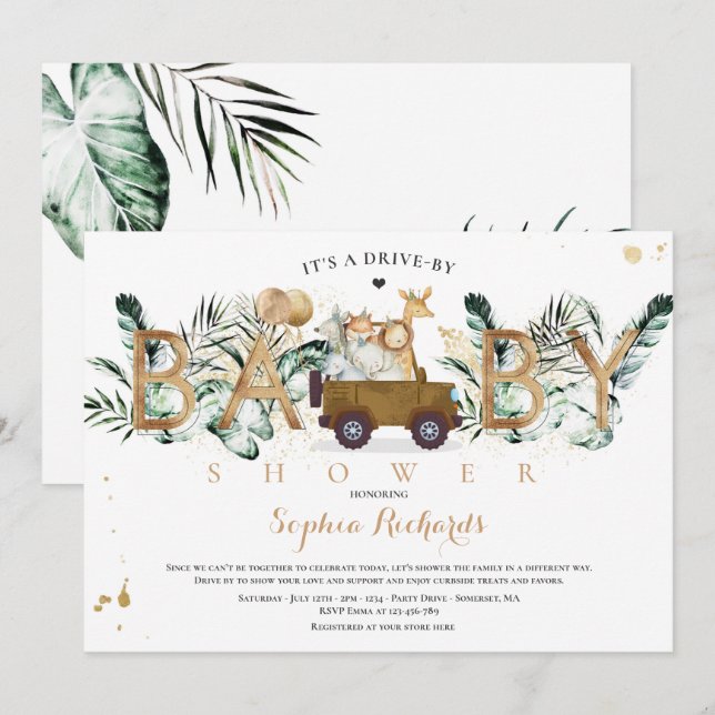 Safari Animals Drive By Baby Shower Greenery Gold Invitation (Front/Back)