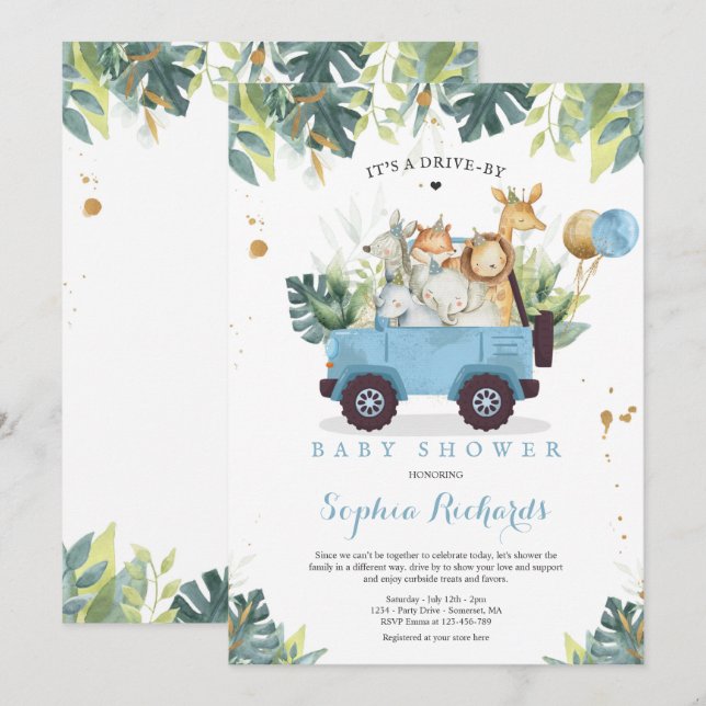 Safari Animals Drive By Baby Shower Greenery Gold Invitation (Front/Back)