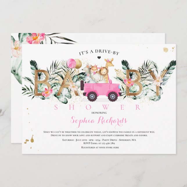 Safari Animals Drive By Baby Shower Greenery Gold Invitation (Front/Back)