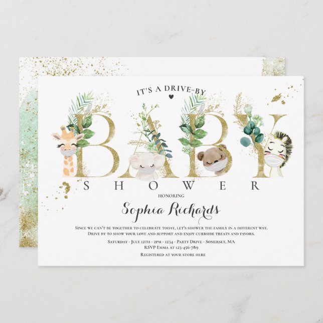 Safari Animals Drive By Baby Shower Greenery Gold Invitation (Front/Back)