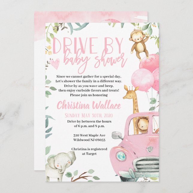 Safari Animals Drive By Baby Shower Invitations (Front/Back)