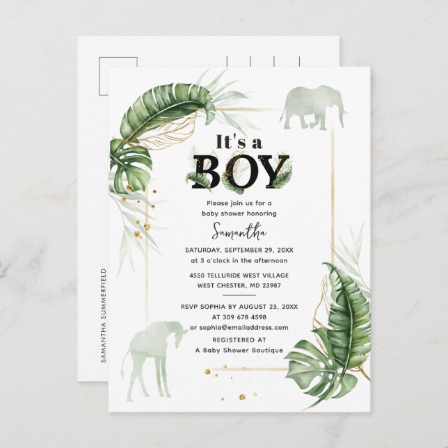 Safari Animals Elephant Boy Baby Shower Invitation Postcard (Front/Back)