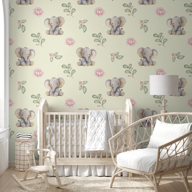 Safari Animals Elephant Pink Floral Baby Girl  Wallpaper (Kids)