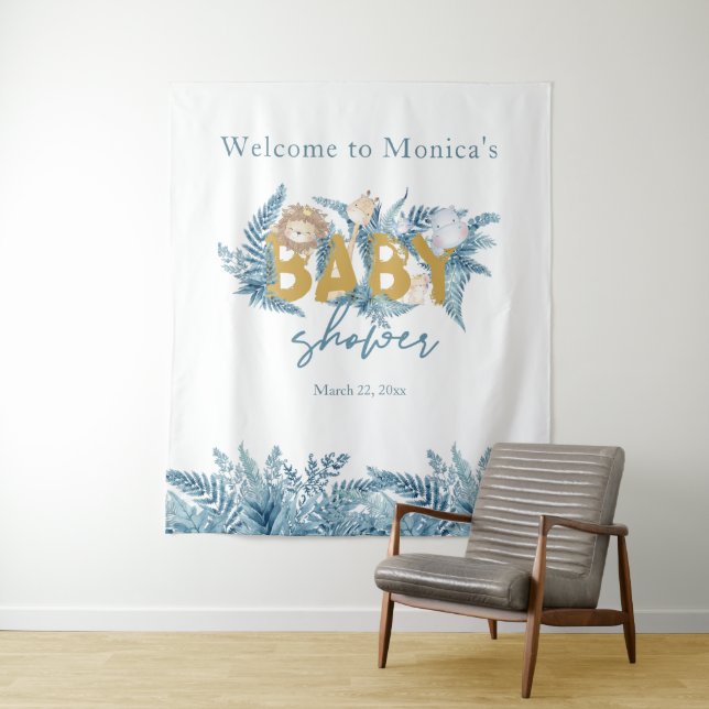 Safari Animals Exotic Custom Baby Boy Baby Shower Tapestry (In Situ)