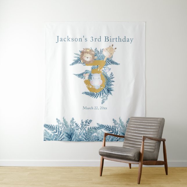 Safari Animals Exotic Custom Boy 3rd Birthday Tapestry (In Situ)