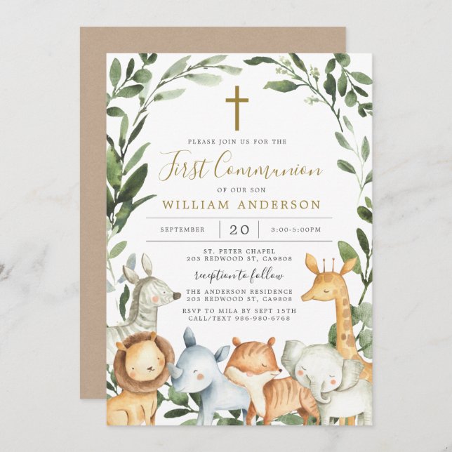 Safari Animals First Communion Invitation (Front/Back)
