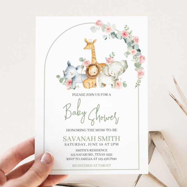 Safari Animals Floral Baby Shower  Invitation (Greenery Safari Animals Baby Shower Invitation)