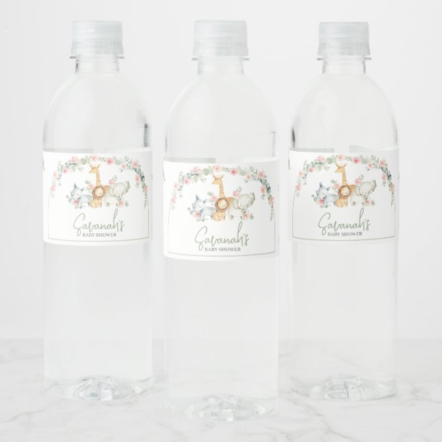 Safari Animals Floral Baby Shower  Water Bottle Label (Bottles)