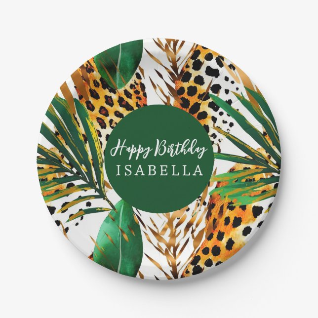 Safari Animals' Fur Prints & Palm Leaves Boho Paper Plate (Front)
