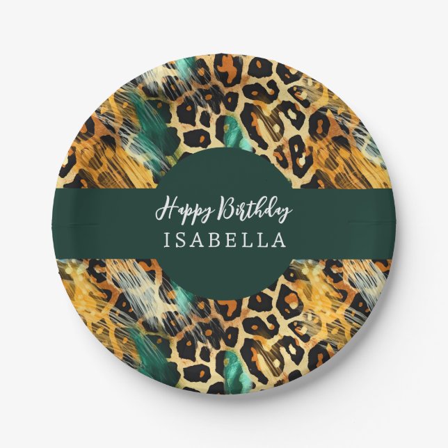 Safari Animals' Fur Prints Pattern Boho Green Gold Paper Plate (Front)