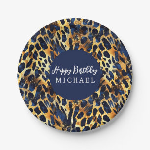Safari Animals' Fur Prints Pattern Navy Blue Gold Paper Plate