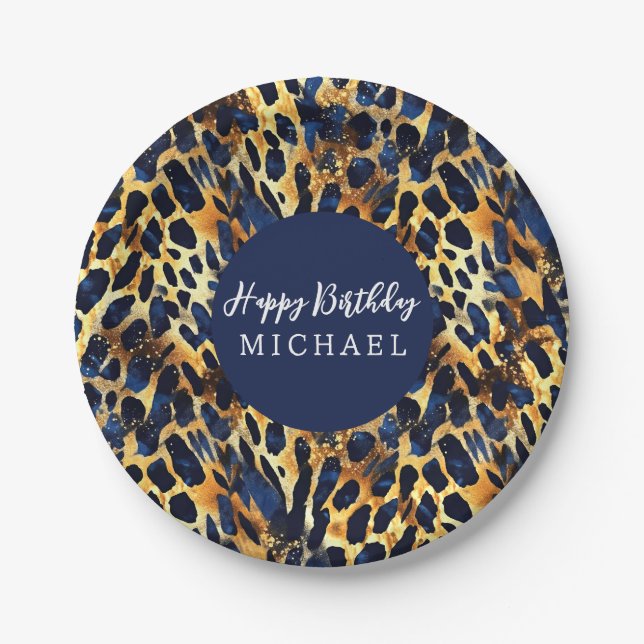 Safari Animals' Fur Prints Pattern Navy Blue Gold Paper Plate (Front)