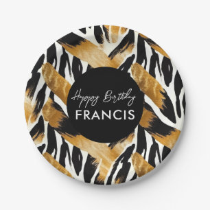 Safari Animals' Fur Prints Patterns Black and Gold Paper Plate