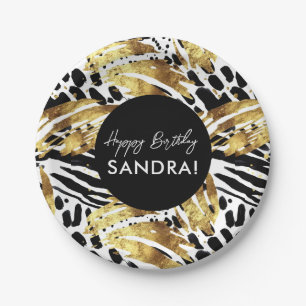 Safari Animals' Fur Prints Patterns Black and Gold Paper Plate
