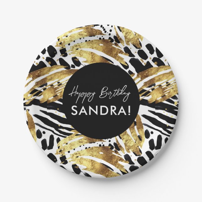 Safari Animals' Fur Prints Patterns Black and Gold Paper Plate (Front)