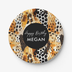 Safari Animals' Fur Prints Patterns Black and Gold Paper Plate