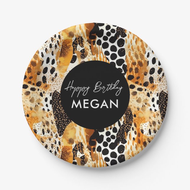 Safari Animals' Fur Prints Patterns Black and Gold Paper Plate (Front)