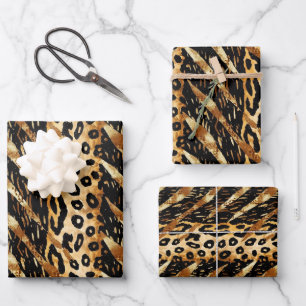 Safari Animals Fur Prints Patterns Black and Gold Wrapping Paper Sheet