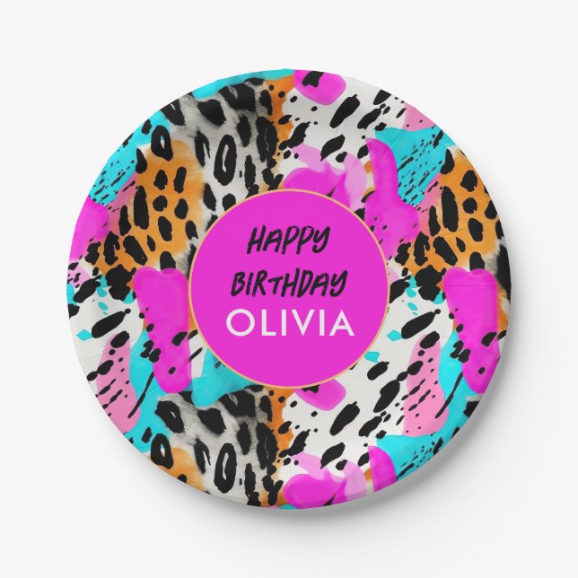 Safari Animals' Fur Prints Patterns Bright Neon Paper Plate (Front)