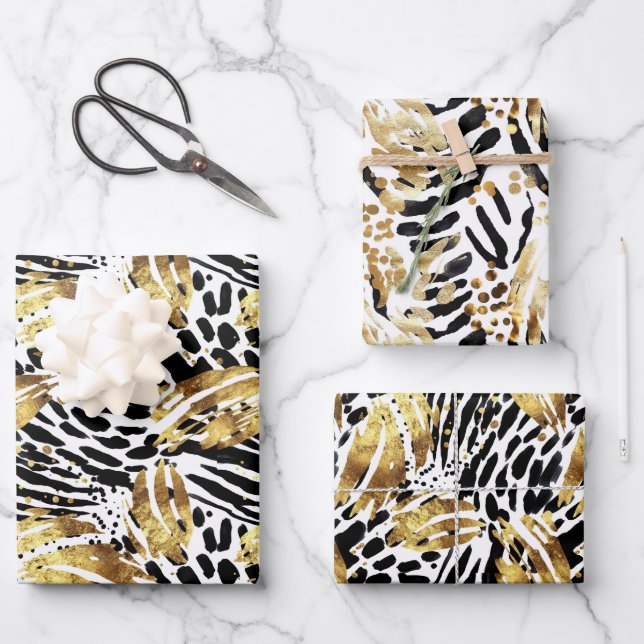 Safari Animals Fur Prints Patterns Gold and Black Wrapping Paper Sheet (Front)