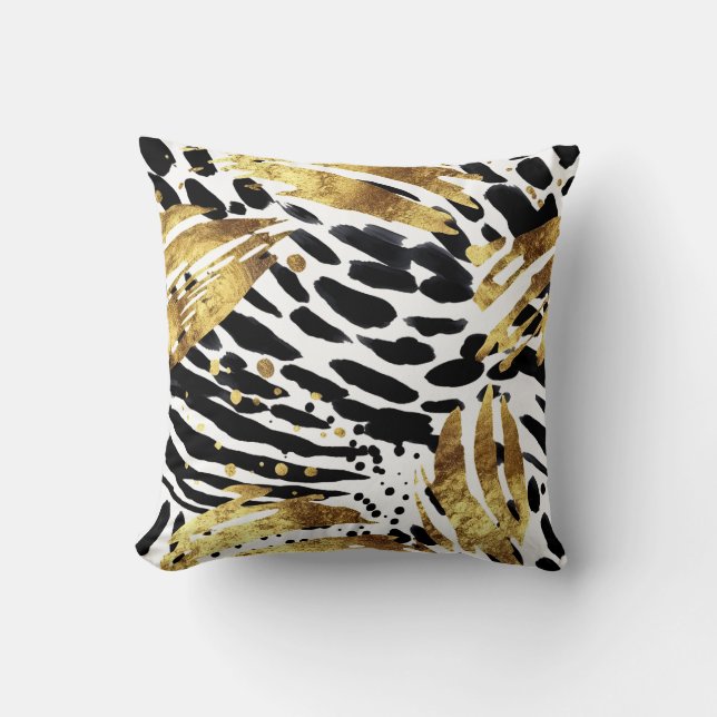 Safari Animals' Fur Prints Patterns Gold & Black Cushion (Front)