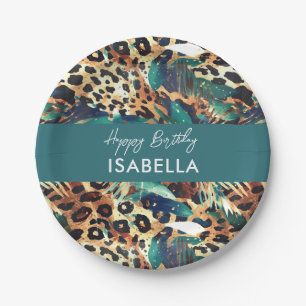 Safari Animals' Fur Prints Patterns Gold & Teal Paper Plate