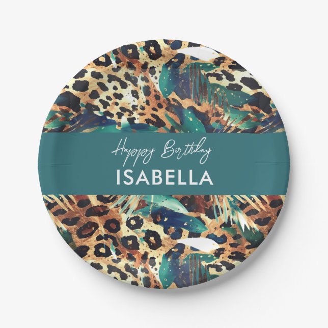 Safari Animals' Fur Prints Patterns Gold & Teal Paper Plate (Front)