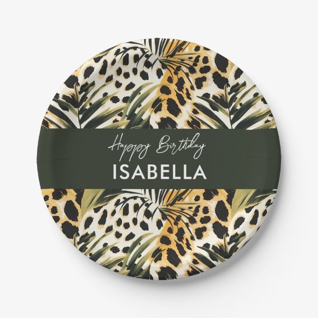 Safari Animals' Fur Prints Patterns & Palm Leaves Paper Plate (Front)