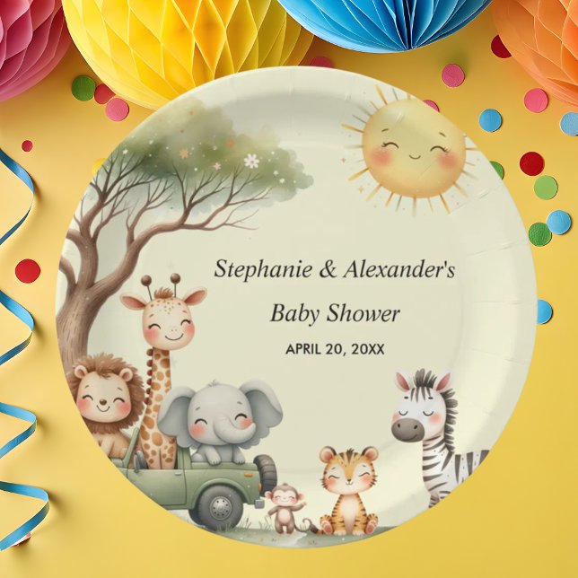 Safari animals gender neutral baby shower round paper plate (Creator Uploaded)